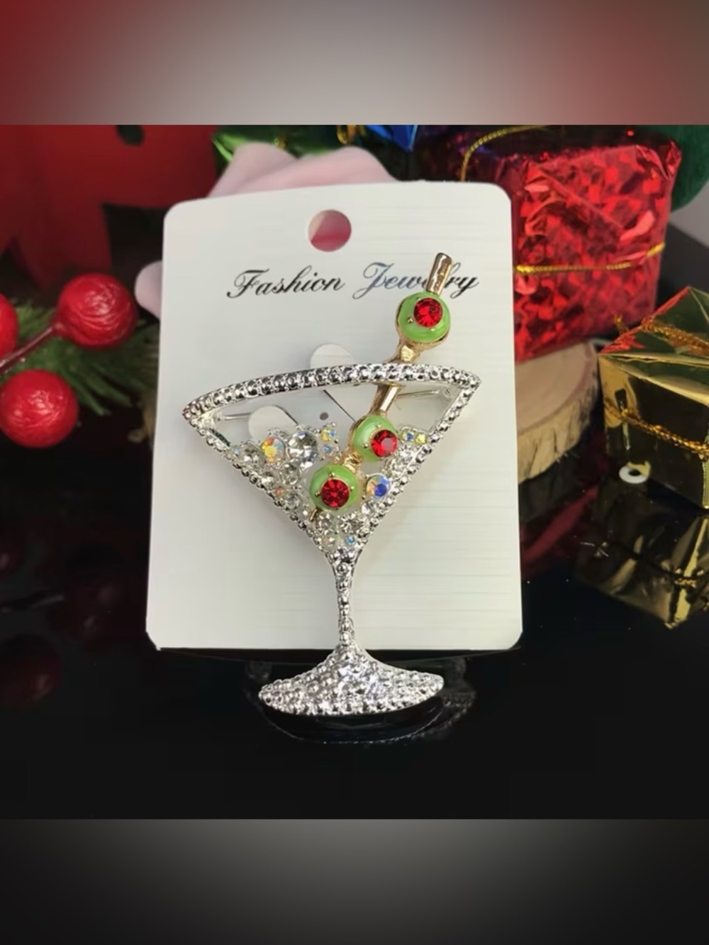 Silver Tone Martini Brooch with Olives Modern New